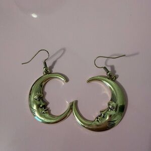 Crescent Moon Face Drop Earrings - Gold Tone